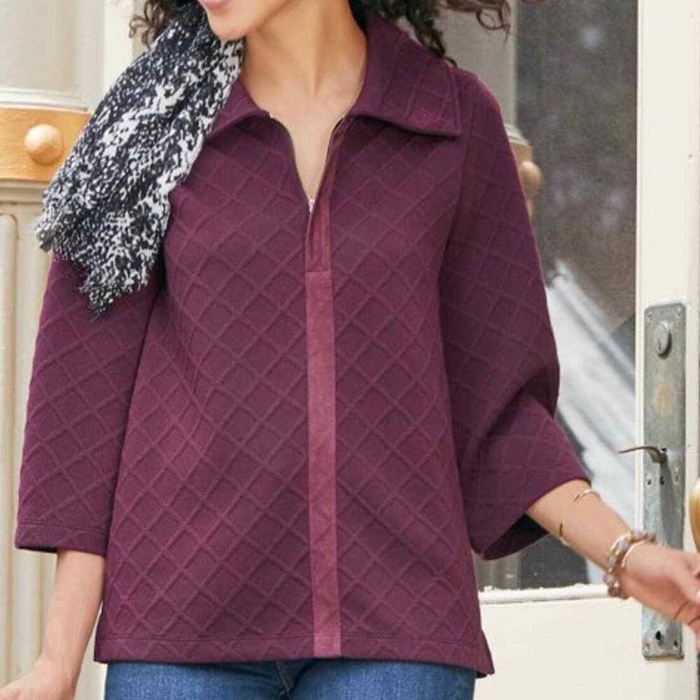 Soft Surroundings Plum Textured Quilted Tunic Top M 3/4 Sleeve